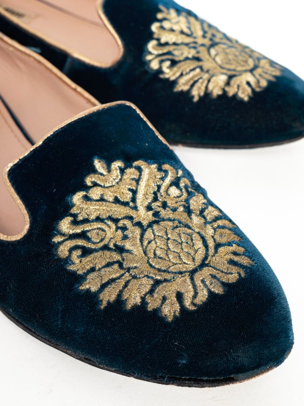 Miu Miu PF12 Blue Velvet Embroidered Crystal-Heel Loafers - Picture 7 of 9